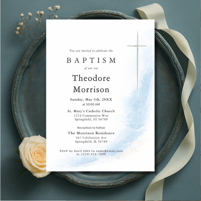 Dusty Blue Watercolor Baptism Boy Invitation (Creator Uploaded)