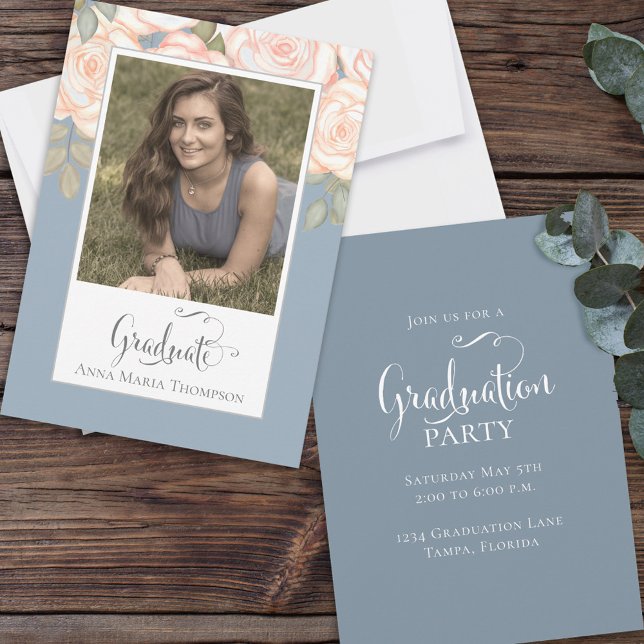 Dusty Blue Watercolor Blush Photo Graduation Invitation (Creator Uploaded)