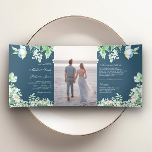 Dusty Blue Watercolor Botanical Foliage Wedding Tri-Fold Invitation