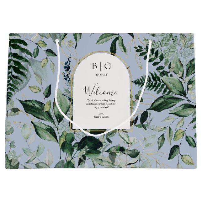 Dusty Blue watercolor botanical wedding welcome Large Gift Bag (Front)