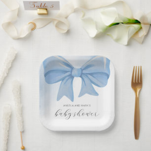Dusty Blue Watercolor Bow Baby Shower Paper Plate