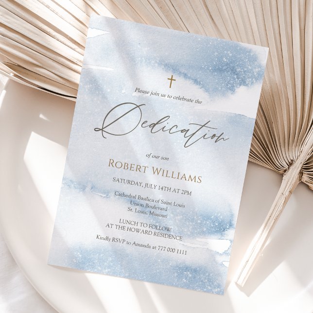 Dusty Blue Watercolor Boy Dedication Invitation (Dusty Blue Watercolor Boy Dedication Invitation Card)