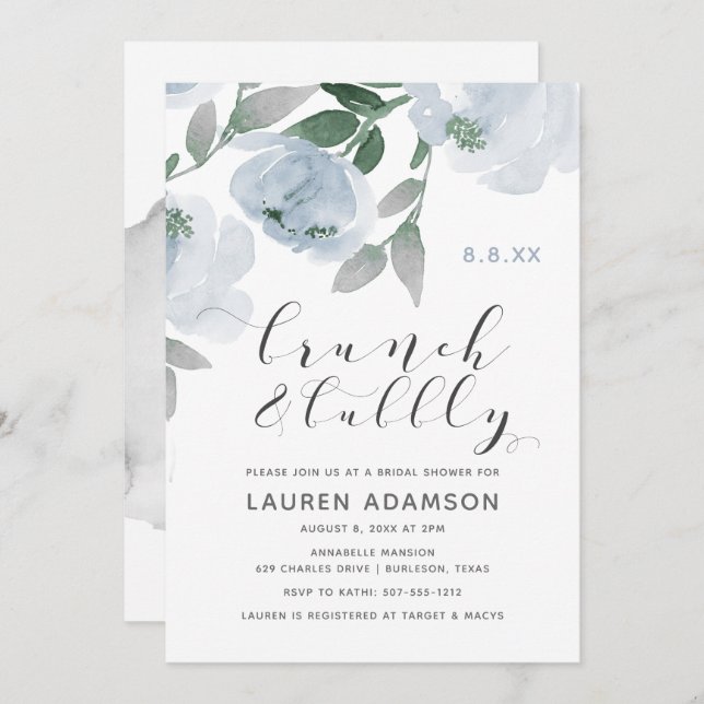 Dusty Blue Watercolor Bridal Brunch Bubbly Shower Invitation (Front/Back)