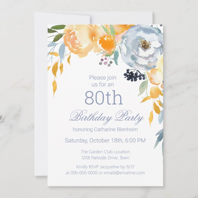 Dusty Blue Watercolor Floral 80th Birthday Party  Invitation (Front)