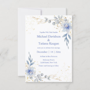 Dusty Blue Watercolor Floral and Gold Wedding Invitation