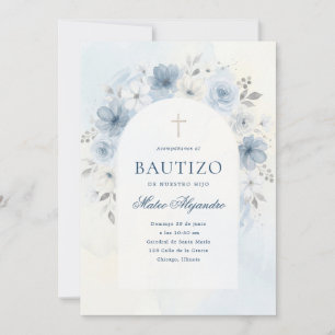 Dusty Blue Watercolor Floral Arch Boy Bautizo Invitation