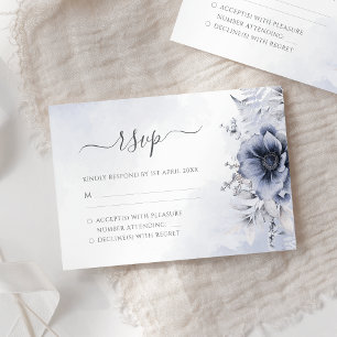 Dusty Blue Watercolor Floral Botanical Wedding RSVP Card