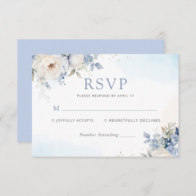 Dusty Blue Watercolor Floral Botanical Wedding  RSVP Card (Front/Back)