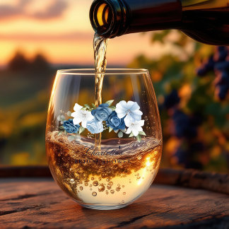 Dusty Blue Watercolor Floral Bridal Shower Stemless Wine Glass