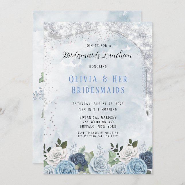 Dusty Blue Watercolor Floral Bridesmaids Luncheon  Invitation (Front/Back)