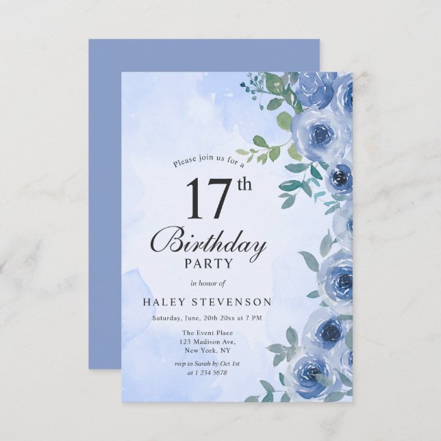 Dusty Blue Watercolor Floral Chic 17th Birthday Invitation (Front/Back)