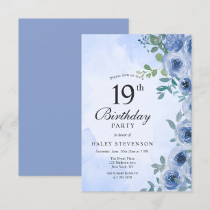 Dusty Blue Watercolor Floral Chic 19th Birthday Invitation