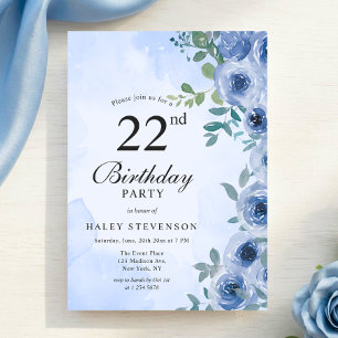 Dusty Blue Watercolor Floral Chic 22nd Birthday Invitation