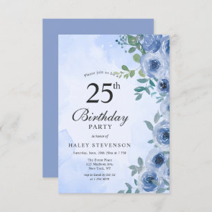 Dusty Blue Watercolor Floral Chic 25th Birthday Invitation