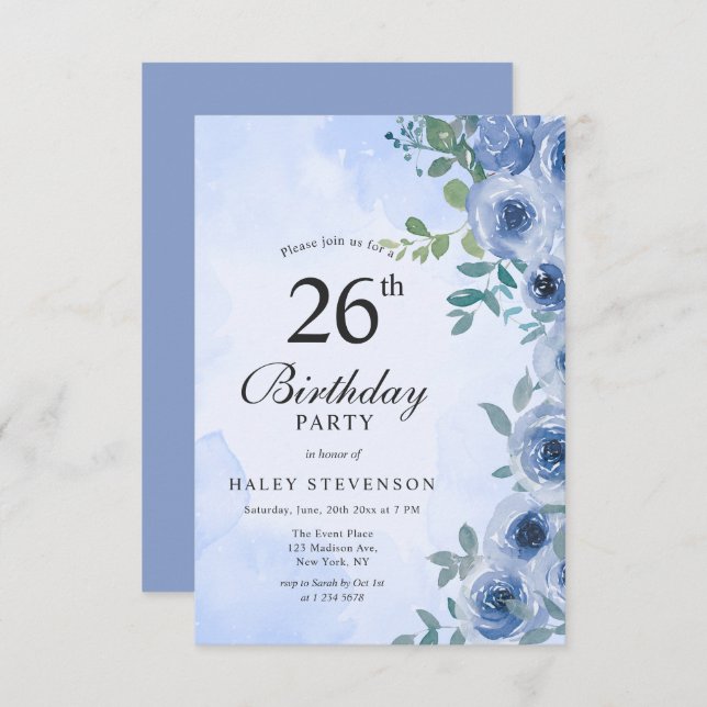 Dusty Blue Watercolor Floral Chic 26th Birthday Invitation (Front/Back)