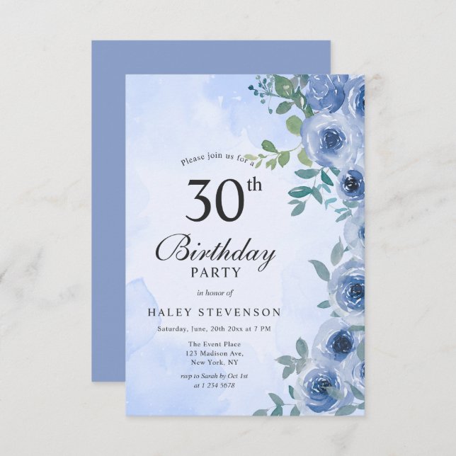 Dusty Blue Watercolor Floral Chic 30th Birthday Invitation (Front/Back)