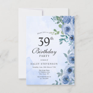 Dusty Blue Watercolor Floral Chic 39th Birthday Invitation