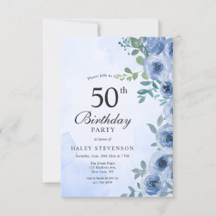 Dusty Blue Watercolor Floral Chic 50th Birthday In Invitation