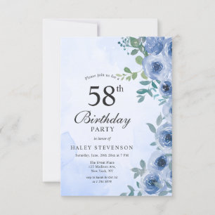 Dusty Blue Watercolor Floral Chic 58th Birthday In Invitation