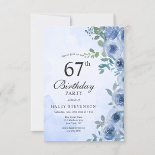 Dusty Blue Watercolor Floral Chic 67th Birthday In Invitation