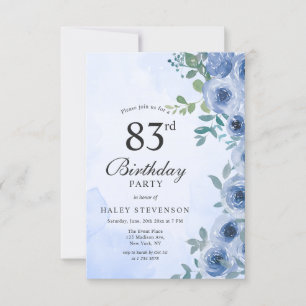 Dusty Blue Watercolor Floral Chic 83rd Birthday Invitation