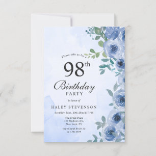 Dusty Blue Watercolor Floral Chic 98th Birthday Invitation