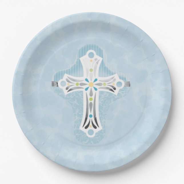 Dusty Blue Watercolor Floral Cross Baptism  Paper Plate (Front)