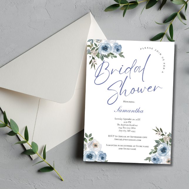 Dusty Blue Watercolor Floral Elegant Bridal Shower Invitation (Dusty Blue White Watercolor Floral Bridal Shower Invitation. Printed or Instant Digital Download)