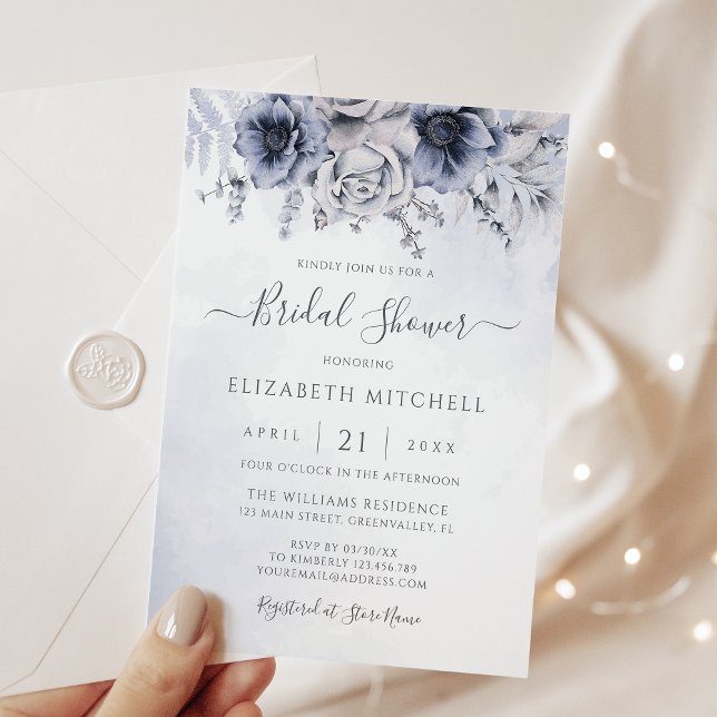 Dusty Blue Watercolor Floral Elegant Bridal Shower Invitation (Creator Uploaded)