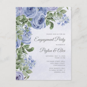 Dusty Blue Watercolor Floral Engagement Postcard
