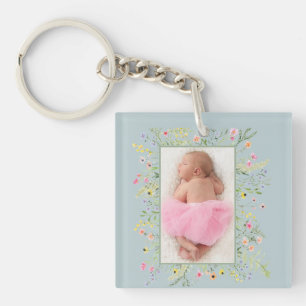 Dusty Blue Watercolor Floral Frame Photo Key Ring