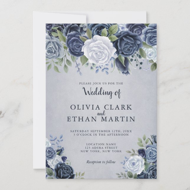 Dusty Blue Watercolor Floral Invitation (Front)
