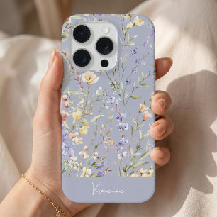 Dusty Blue Watercolor Floral iPhone 15 Pro Case