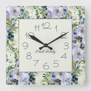 Dusty Blue Watercolor Floral Name Kitchen Square Wall Clock