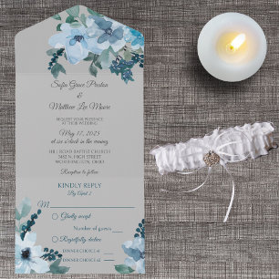 Dusty Blue Watercolor Floral on Pale Grey All In One Invitation