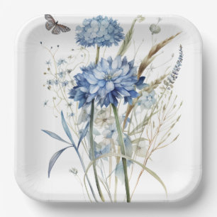 Dusty Blue Watercolor Floral Paper Plate