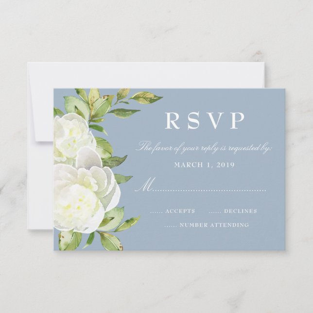 Dusty Blue Watercolor Floral Peony Wedding RSVP Card (Front)