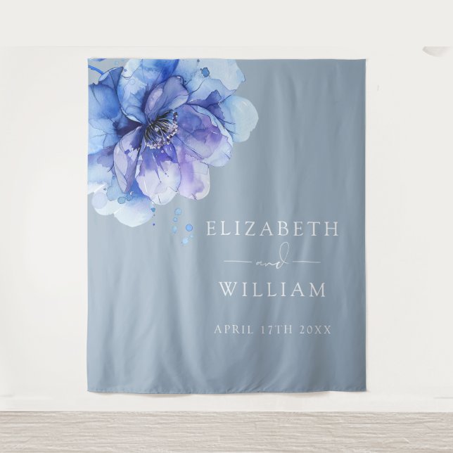 Dusty Blue Watercolor Floral Photo Booth Backdrop Tapestry (Front)