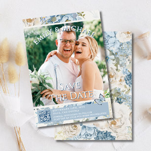 Dusty Blue Watercolor Floral Photo QR Code Wedding Invitation