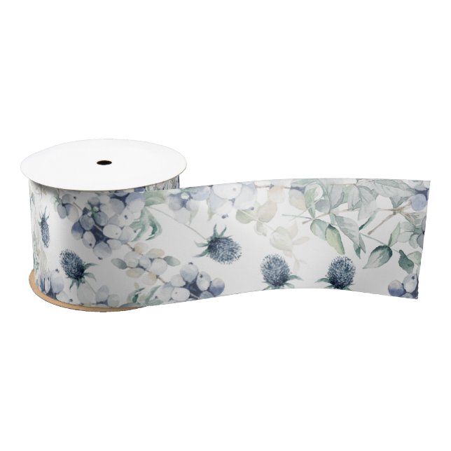 Dusty Blue Watercolor Floral Satin Ribbon (Spool)
