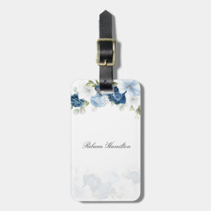 Dusty Blue Watercolor Floral Script Custom Luggage Tag