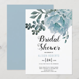 Dusty blue watercolor floral wedding bridal shower invitation