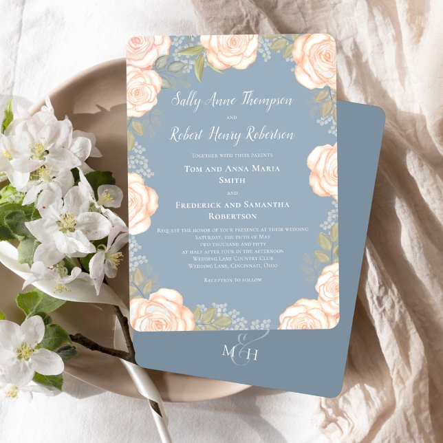 Dusty Blue Watercolor Floral Wedding Invitation (Dusty blue wedding invitations with watercolor blush pink floral.)