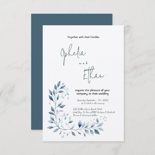 Dusty Blue Watercolor Floral wedding Invitation (Front/Back)