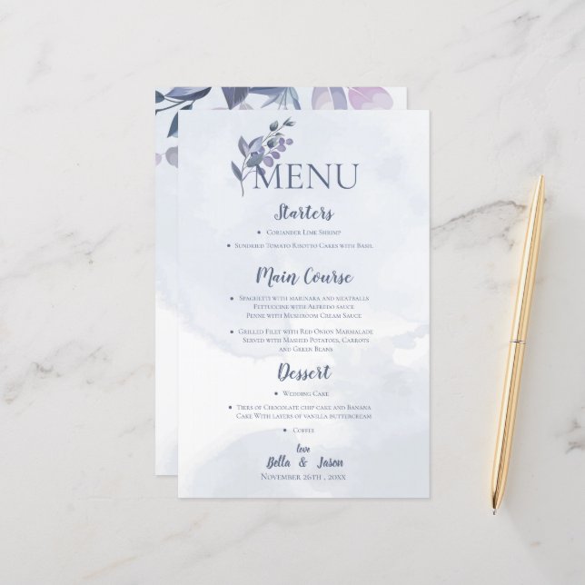 Dusty Blue Watercolor Floral Wedding Party Menu (Front/Back In Situ)