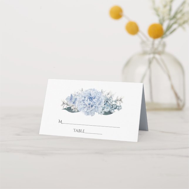 Dusty Blue Watercolor floral Wedding Place Card (Front)