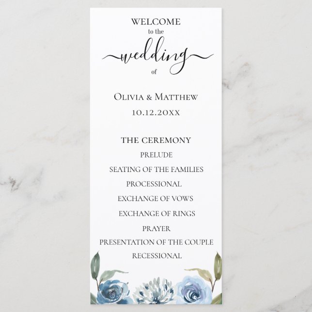 Dusty Blue Watercolor Floral Wedding Program (Front)