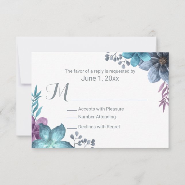 Dusty Blue Watercolor Floral Wedding RSVP (Front)