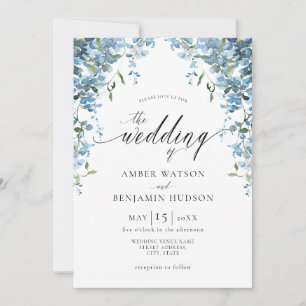 Dusty Blue Watercolor Floral Wisteria Wedding Invitation