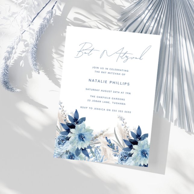 Dusty Blue Watercolor Florals Bat Mitzvah Invitation (Creator Uploaded)